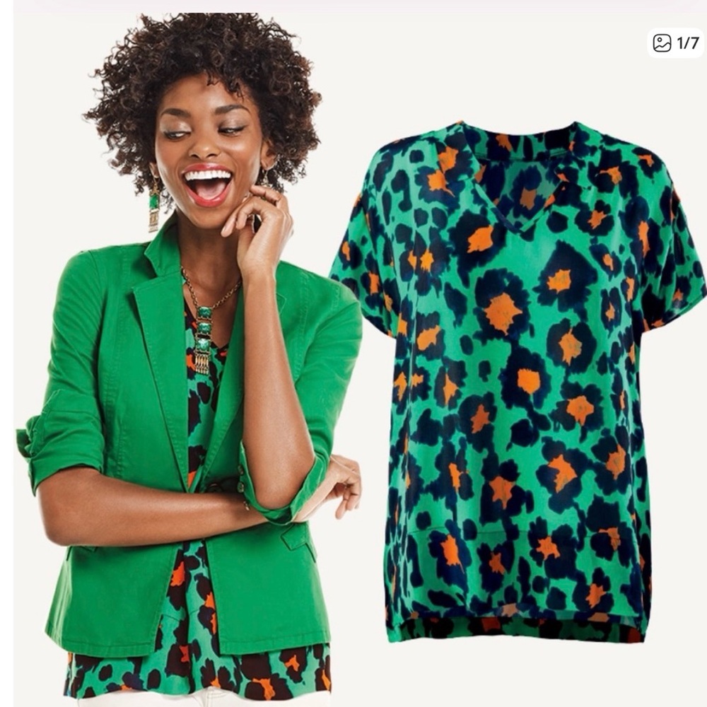 CAbi Rita Green Navy and Orange Leopard Print Tunic Large
